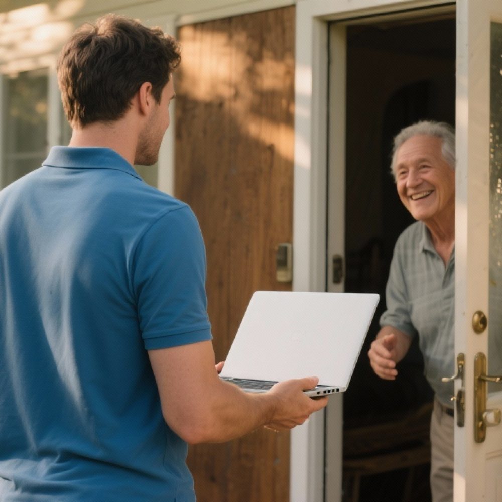 Computer monteur brengt computer terug naar klant